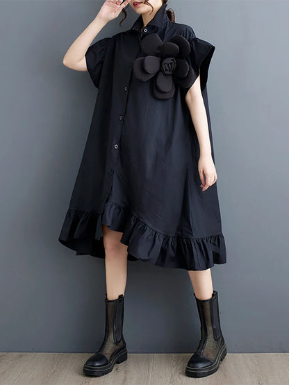 XITAO Three-dimensional Decoration Dress Flounced Edge Asymmetrical Turn-down Collar Single Breasted Shirt Dress Summer ZY8786