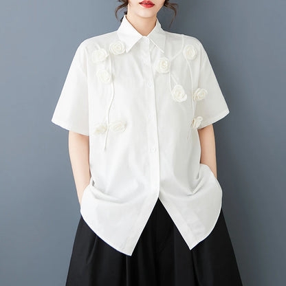 XITAO Three-dimensional Patchwork Shirt Solid Color Flower Turn-down Collar Single Breasted Short Sleeve Loose Blouse HQQ2433