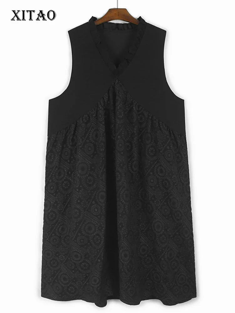 XITAO Solid Color A-line Casual V-neck Sleeveless Dress Lace Jacquard Weave Pullover New Slimming Autumn Women Dress GMM1058