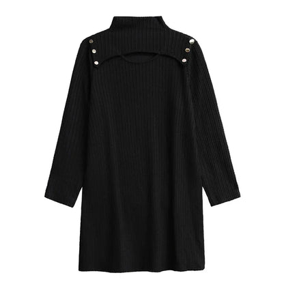 XITAO Solid Color Temperament Hollow Out Dress Loose Pullover Sliming Full Sleeve Mid-calf All Match Knitted Dress ZYY1022