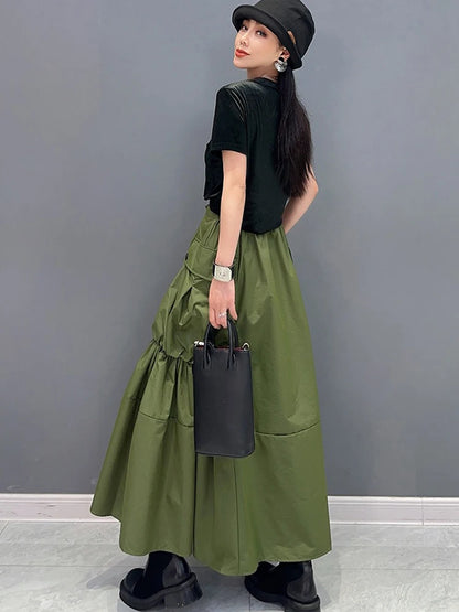 XITAO Pocket Patchwork Elastic Waist Folds Skirt Solid Color Mid-calf A-line Loose Slimming Skirts 2024 Summer All Match DMJ3981