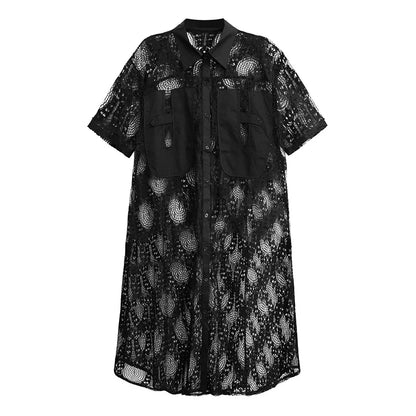 XITAO Loose Irregular Lace Dress Fashion Temperament Patchwork Women Summer New Casual Trend Single Breasted Dress ZY8857