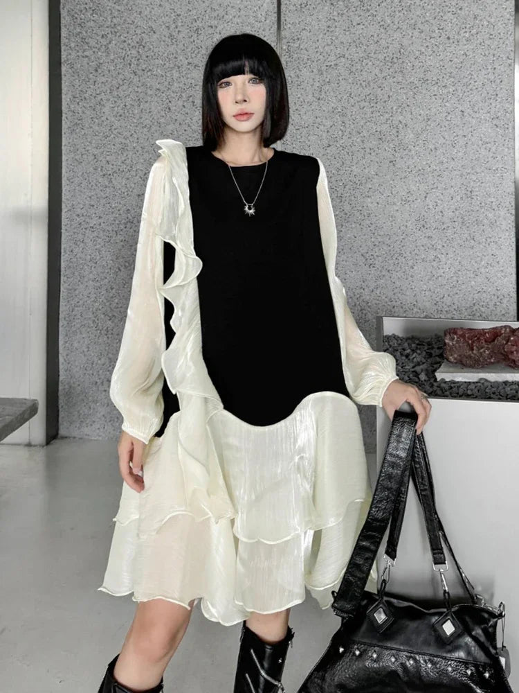 XITAO Gauze Patchwork Contrast Color O-neck Dress Pullover Long Sleeve Loose Slimming Temperament Dresses 2024 Autumn HQQ2416