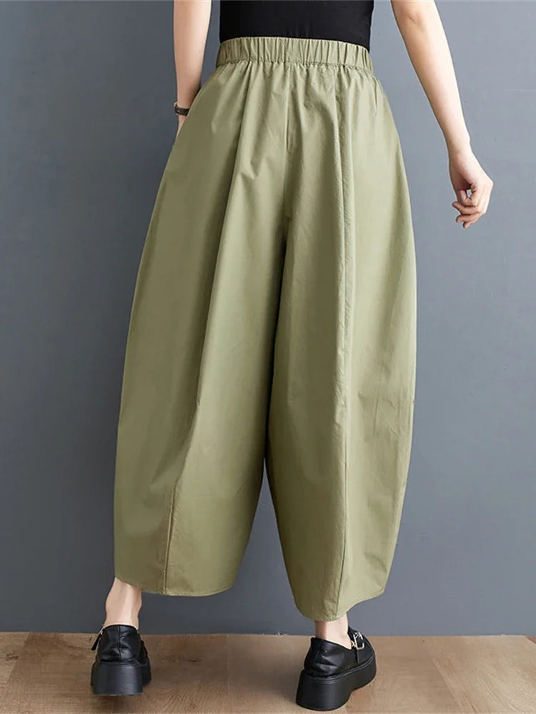 XITAO Women Wide Leg Pants Irregular Solid Color Elastic Waist Pocket Pleated Summer Ankle Length Pants Elegant WLD16705