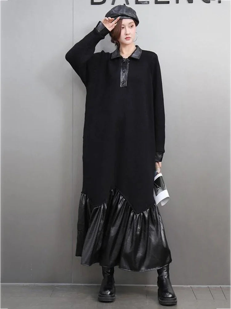 XITAO Solid Color Patchwork Mesh Female Dress Casual Loose A-line Ankle-length Long Sleeve Fish Tail Autumn Women Dress GMM1016