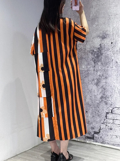 XITAO Asymmetrical Striped Patchwork Dress Loose Fashion Contrast Color O-neck T-shirt Dress Summer Simplicity New Women ZY8453