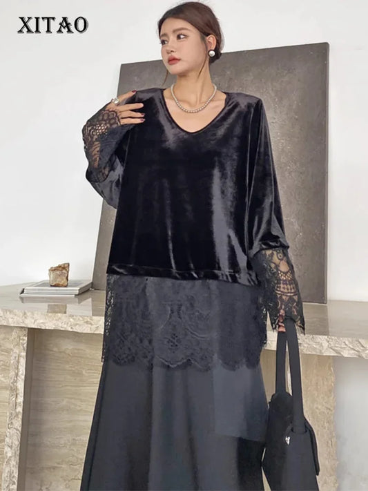 XITAO Patchwork Lace Full Sleeve Loose Casual T-Shirt Solid Color O-neck Top New Grace Classic Style Autumn Women Top GMM1069