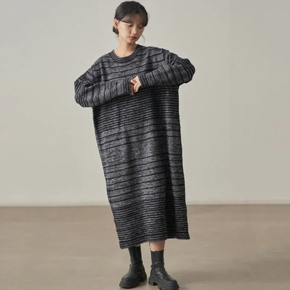 XITAO Striped Knitting O-neck Dress Full Sleeve Loose Casual Pullover Contrast Color Spring Women New All-match Dress DMJ3280