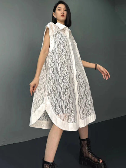 XITAO Hollow Out Lace Sleeveless Shirt Dress Single Breasted Simplicity Temperament Irregular 2024 Summer New Dress WLD20136