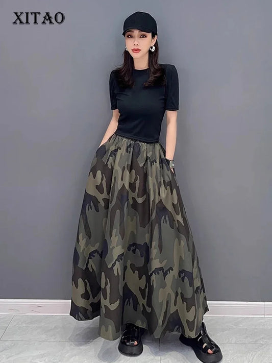 XITAO Camouflage Casual Skirt Fashion Versatile Women Summer New Arrival Loose Simplicity Elastic Waist Skirt DMJ1514