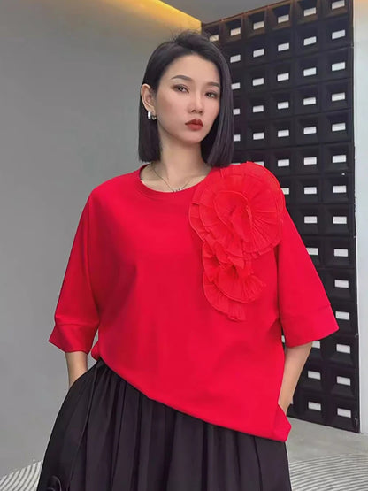 XITAO Loose O-neck Floret Female T-Shirts Fashion Trend Batwing Sleeve Women Spring New Temperament Patchwork Top LYD1525