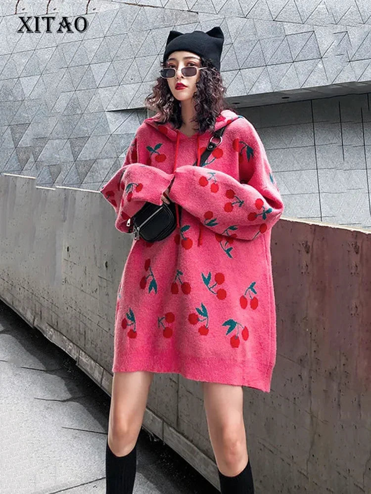 XITAO Lovely Cherry Pattern Sweater Fashion Pullover Women Style Hooded Knitwear Spring Autumn Clothes Women XJ2476