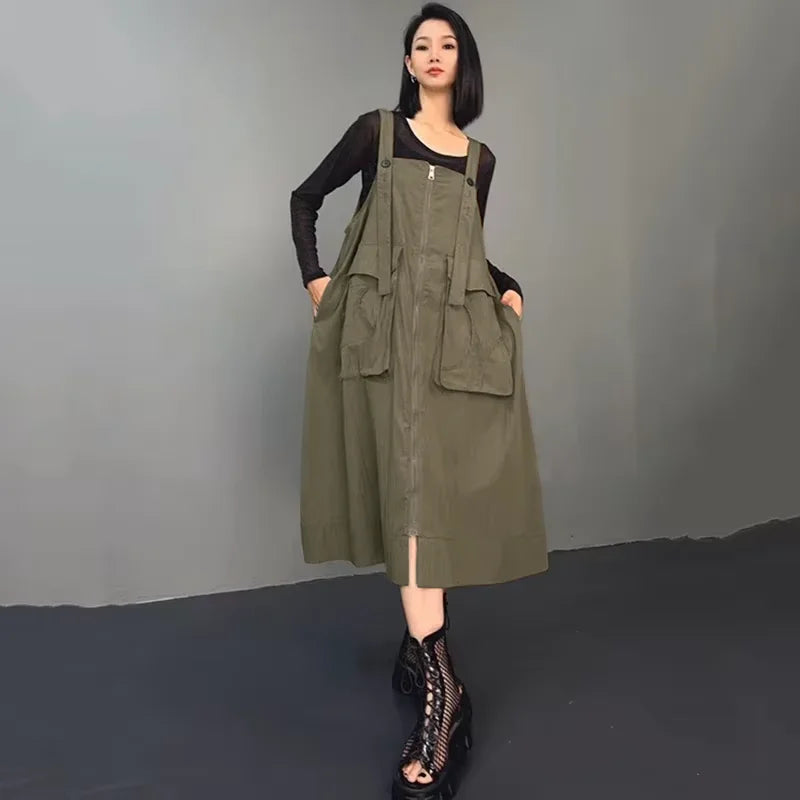 XITAO Solid Color Spaghetti Strap Female Dress Loose 2024 Autumn Square Collar Casual Women Mid-calf Sleeveless Dress HQQ2400