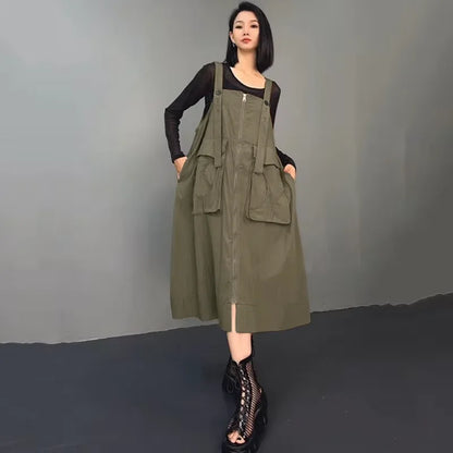 XITAO Solid Color Spaghetti Strap Female Dress Loose 2024 Autumn Square Collar Casual Women Mid-calf Sleeveless Dress HQQ2400