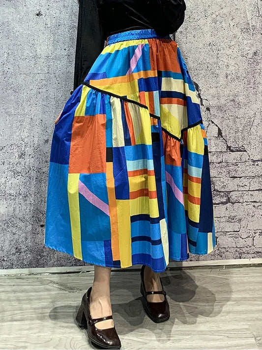 XITAO Contrast Color Skirts Irregular Folds Splicing A-line Skirt Personality New Fashion Casual Trendy All-match Women WMD5493