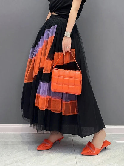 XITAO Mesh Skirt Fashion Irregular Contrast Color Patchwork Skirt Female Spring New All-match Street Trendy Women HQQ1386