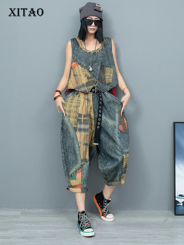 XITAO Personality Patchwork Print Two Piece Set Irregular Vest Casual Loose Harem Pants Fashion Street Trendy Sets ZY8762