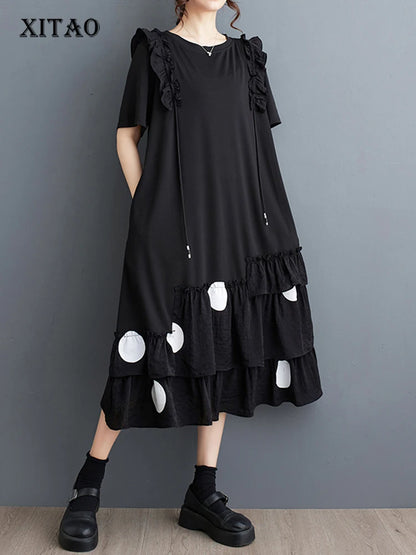 XITAO Asymmetrical Edible Tree Fungus Female Dress Ruffles Hem Casual Fashion Loose Short Women Summer New Black Dress LYD1882