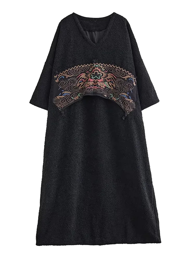 XITAO Embroidery Patchwork V-neck Dress Pullover Long Sleeve Loose Slimming Fashion Ankle-Length Dresses 2024 Autumn New LJ1092