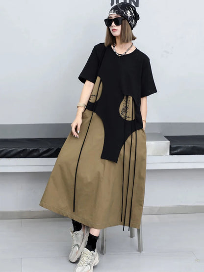 XITAO Hollow Out False Two Pieces Dress Contrast Color Loose Personality Asymmetrical Patchwork T-shirt Dress Summer New LYD1895