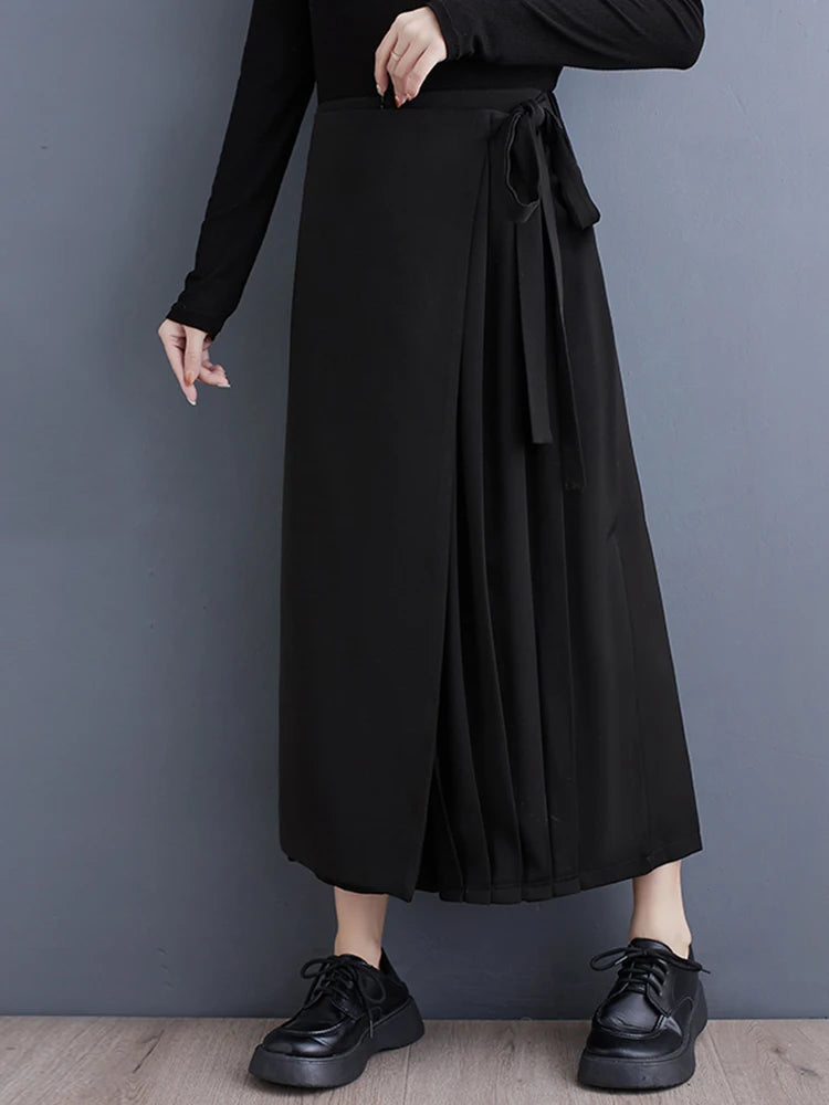 XITAO Casual Pleated Wide Leg Pants Black Asymmetrical Patchwork Lace-up Women Loose Ankle-length Pants Summer New WLD20198