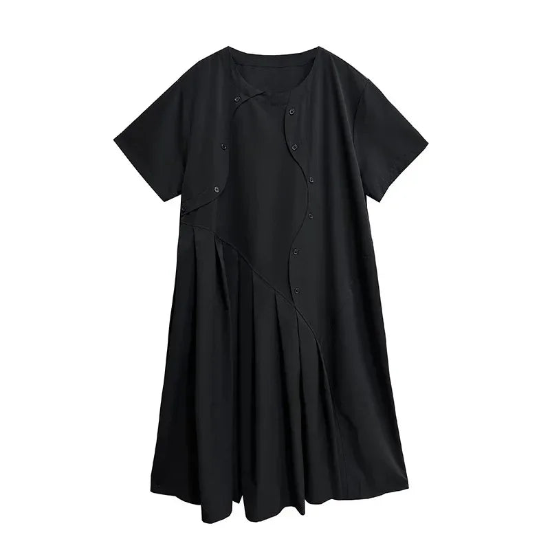 XITAO Asymmetrical Pleated Dress Loose Fashion Solid Color Splicing Short Sleeve Dress Summer Casual New Loose Women HQQ2310