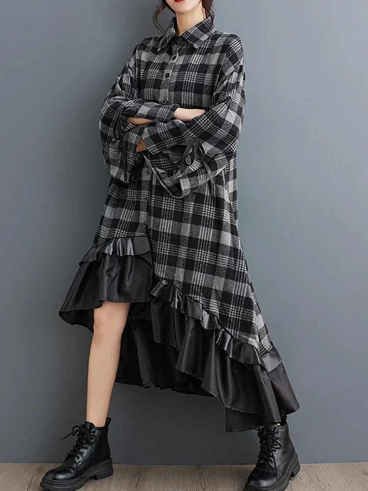 XITAO Plaid Flare Sleeve Asymmetrical Dress Single Breasted Turn-down Collar Patchwork Fashion Shirt Dresses 2024 Autumn LJ1010