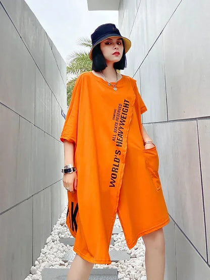 XITAO Batwing Sleeve Asymmetrical T-shirt 2024 Summer New Fashionable O-Neck Solid Color Personality Print Thin Top WMD0556