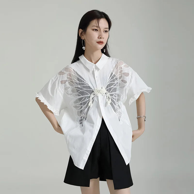 XITAO Solid Color Two Side Wear Shirt Hollow Out Perspective Butterfly Women Casual Shirt Fashion Turn Down Collar Top HJF4197