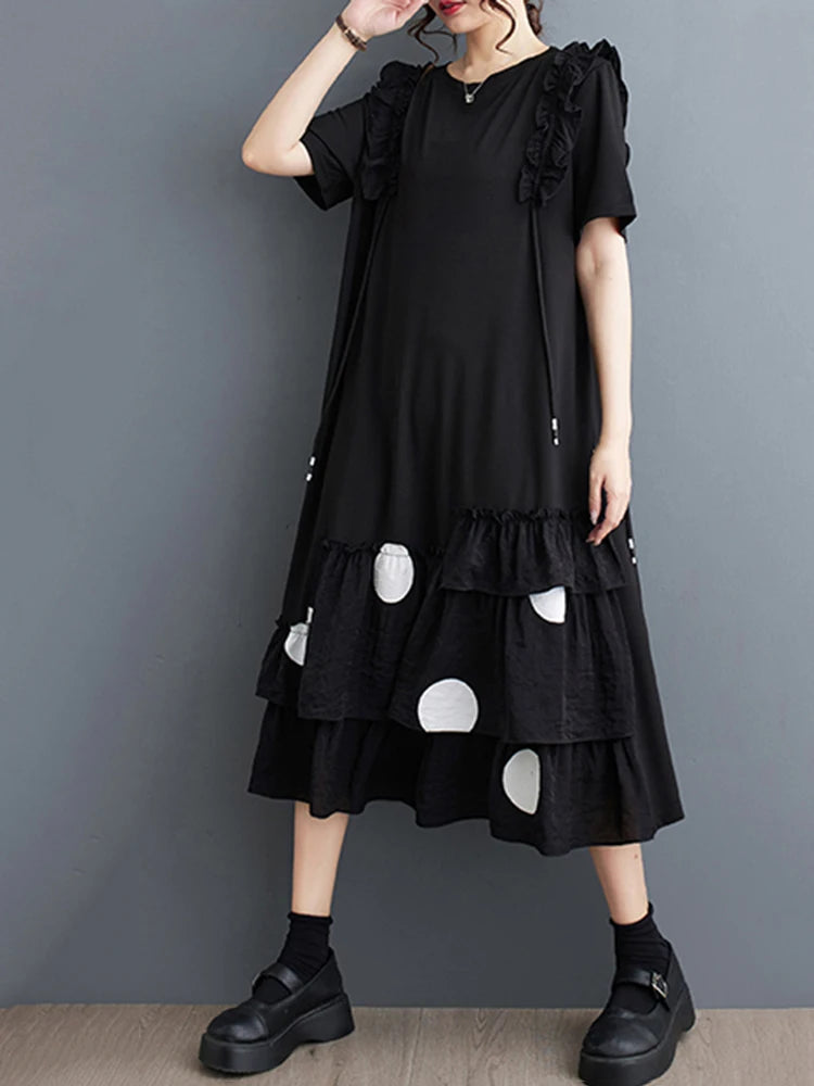 XITAO Asymmetrical Edible Tree Fungus Female Dress Ruffles Hem Casual Fashion Loose Short Women Summer New Black Dress LYD1882