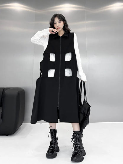 XITAO Hollow Out Zipper Sleeveless Dress Solid Color Turn-down Collar Loose Fashion Mid-calf Vest Dress 2024 Autumn New ZY8883