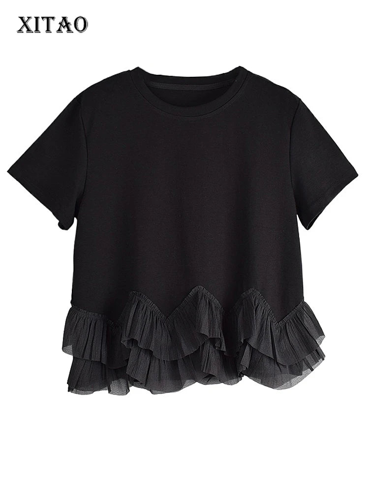 XITAO Loose Ruffles Patchwork O-neck T-shirts Fashion Irregular Short Sleeve Women Summer New Simplicity All-match Top GJ1024