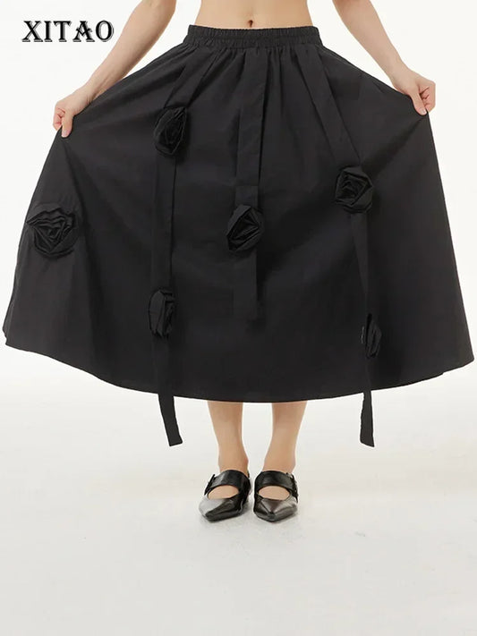 XITAO Three-dimensional Flowers Skirt Fashion Casual Solid Color Loose Thin Elastic Waist All-match New Arrival Women WMD6579