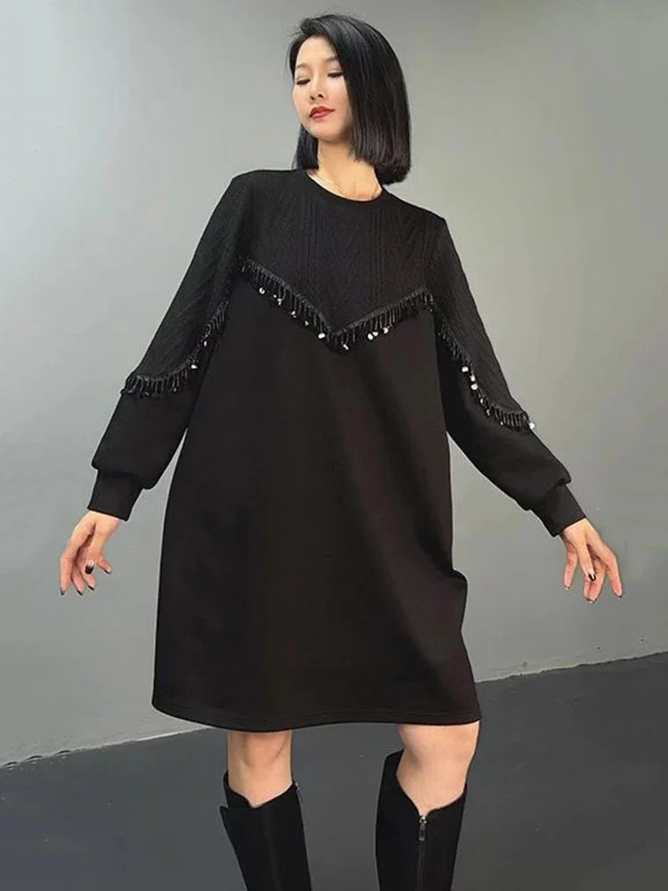 XITAO A-line Casual Knee-length O-neck Women Dress Fashion Trendy Patchwork Full Sleeve Knitted Loose Female Dress GMM1091