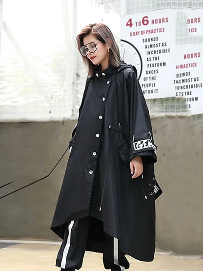 XITAO Spliced  Black Trench For Women Tide Long Print Streetwear Hoodie Casual Female Wide Waisted Coat 2019 ZLL1100