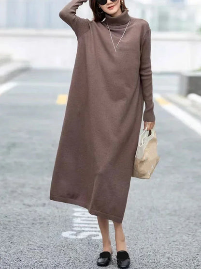 XITAO Knitting Half High Collar Split Dresses Solid Color Pullover Loose Mid-calf Loose Sweaters Dress Spring Casual DMJ3396