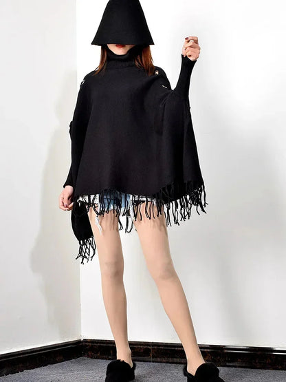 XITAO Turtleneck Sweater Women Bat Sleeve Pullover Women Korean Style Cape Knitwear Vintage Elegant Fringed Hem XJ3287