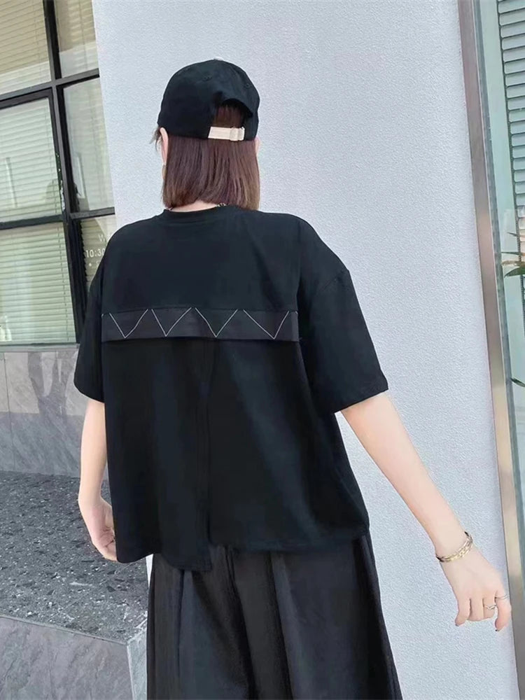 XITAO Asymmetrical Patchwork Geometric T-shirts Solid Color Short Sleeve Split O-neck Tops 2024 Summer New All Match GJ1018