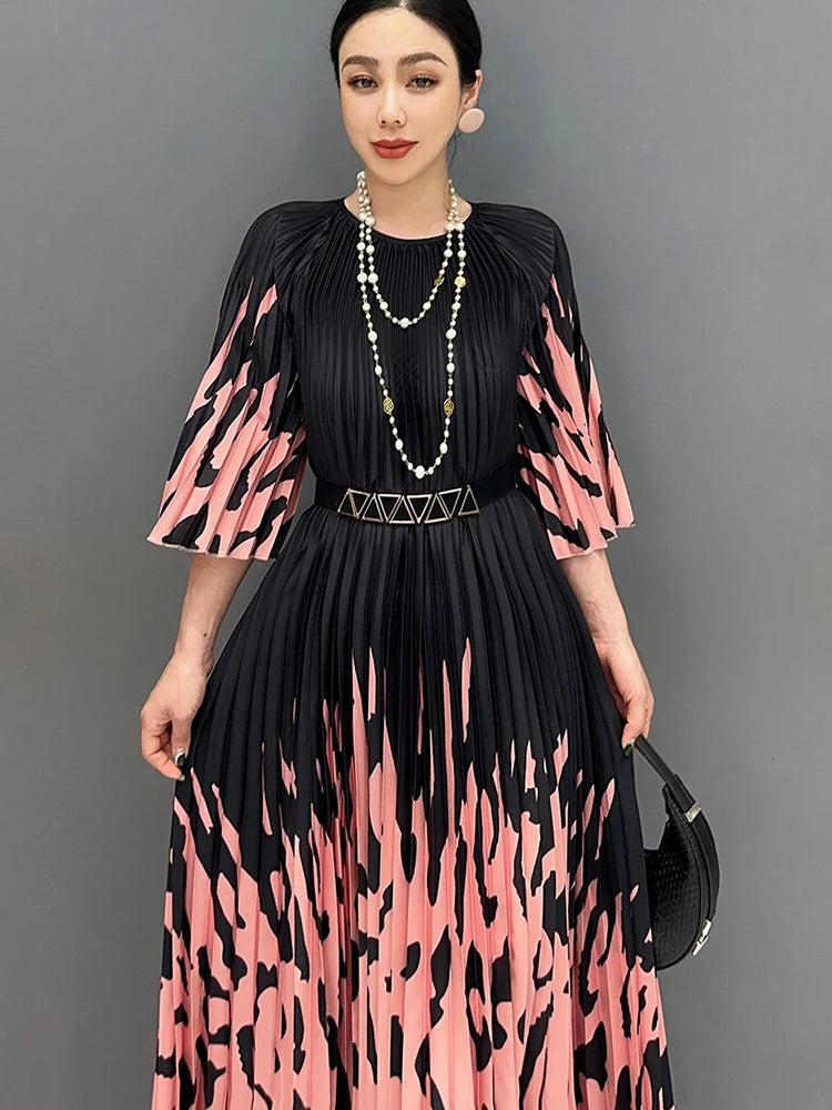 XITAO Print Pleated O-neck Three Quarter Sleeve Dress Elegant Temperament Loose  Fashion Summer New Goddess Fan Dress LYD1881