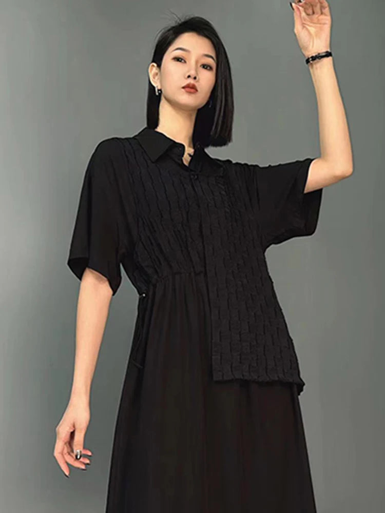 XITAO Asymmetrical Patchwork Dress Fashion False Two Pieces Draw String Turn-down Collar Shirt Dress 2024 Summer New WLD20146