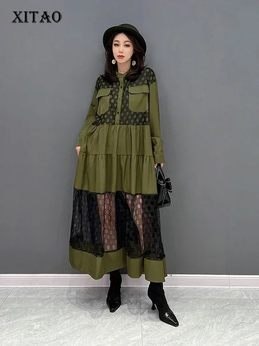 XITAO Fashion Mesh Patchwork Dress Loose Fashion Contrast Color Perspective Dot Pattern Lace Stand Collar Shirt Dress ZY7438