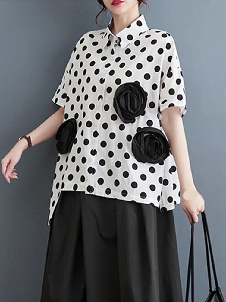 XITAO Polka Dot Single Breasted Shirt Korea Summer New Personality Fashion Loose Turn-down Collar Short Sleeve Shirt WLD16641