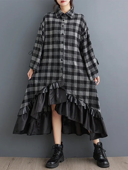 XITAO Plaid Flare Sleeve Asymmetrical Dress Single Breasted Turn-down Collar Patchwork Fashion Shirt Dresses 2024 Autumn LJ1010