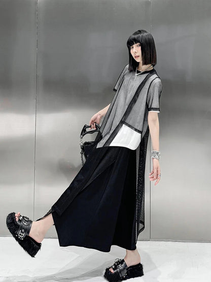 XITAO Asymmetrical Grid O-neck Pullover Dresses Solid Color Short Sleeve T-shirts Loose Fashion All Match 2024 Summer DMJ4116