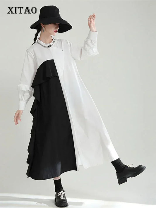 XITAO Irregular Dress Fashion Ruffle Hit Color Fashion New Women Small Fresh Casual Style Loose 2024 Spring Dress GWJ3094