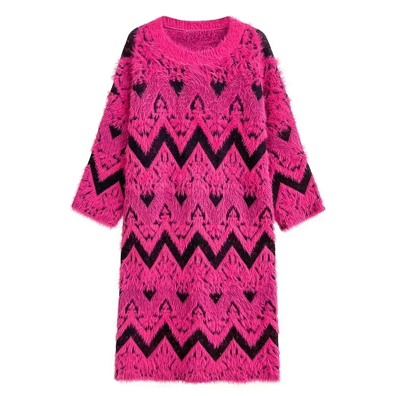 XITAO Knitting Geometric Pullover Dresses O-neck Loose Long Sleeve Mid-calf Sweaters Dress Spring New Fashion All Match DMJ2875