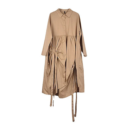 XITAO Irregular Folds Shirt Dress Solid Color Pleated Splicing Bow Hem Spring Long Sleeve Turn-down Collar Shirt Dress WLD8722