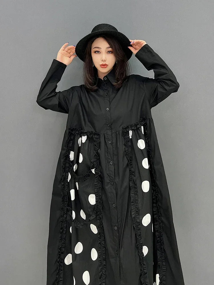 XITAO Fashion Contrast Color Dot Shirt Dress Loose Simplicity Edible Tree Fungus Splicing Hem Spring New Women Dress WLD8726