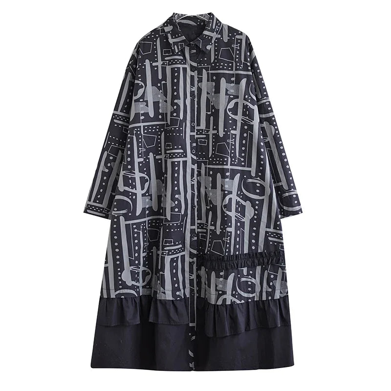 XITAO Irregular Print Shirt Dress Fashion Edible Tree Fungus Patchwork Women spring summer New Arrival  Loose Dress CX1028