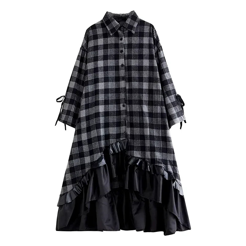 XITAO Asymmetrical Plaid Patchwork Gauze Dress Single Breasted Turn-down Collar Flare Sleeve Slimming 2024 Autumn New LJ1054